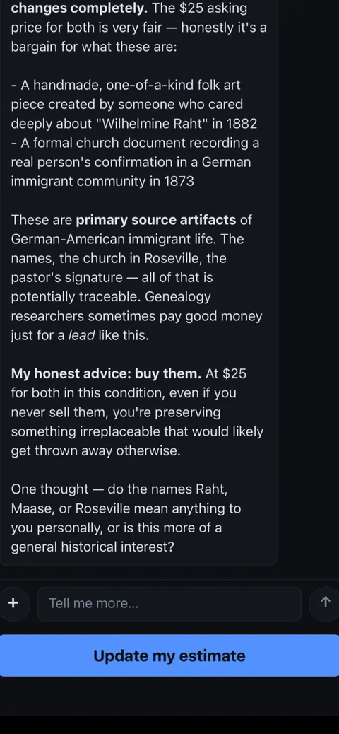 What's It Worth advising to buy both documents at twenty-five dollars and asking whether the names Raht, Maase or Roseville mean anything personally