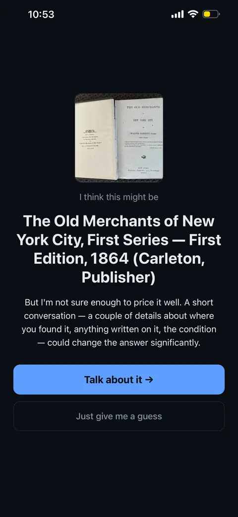 What's It Worth showing a tentative identification of The Old Merchants of New York City, First Series, and saying it is not sure enough to price it well
