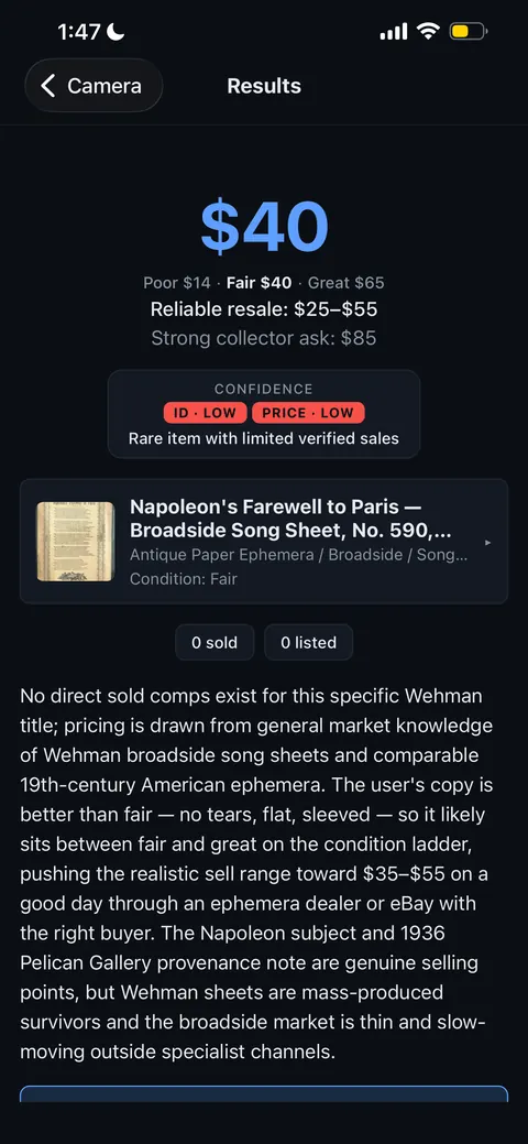 What's It Worth results screen estimating a value of forty dollars for Napoleon's Farewell to Paris with low price confidence