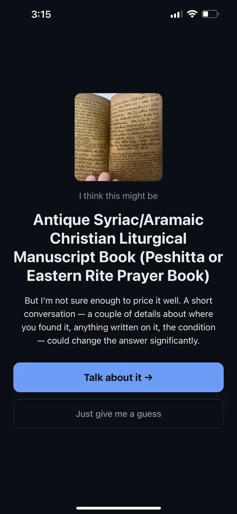 What's It Worth identifying the book as an antique Syriac or Aramaic Christian liturgical manuscript and offering to keep working on the value