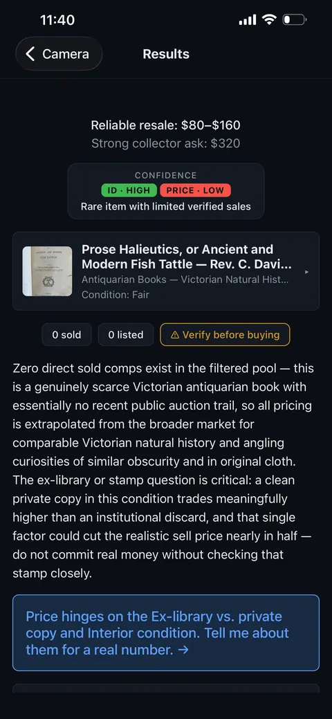 What's It Worth results page showing reliable resale of 80 to 160 dollars and a strong collector ask of 320 dollars for Prose Halieutics