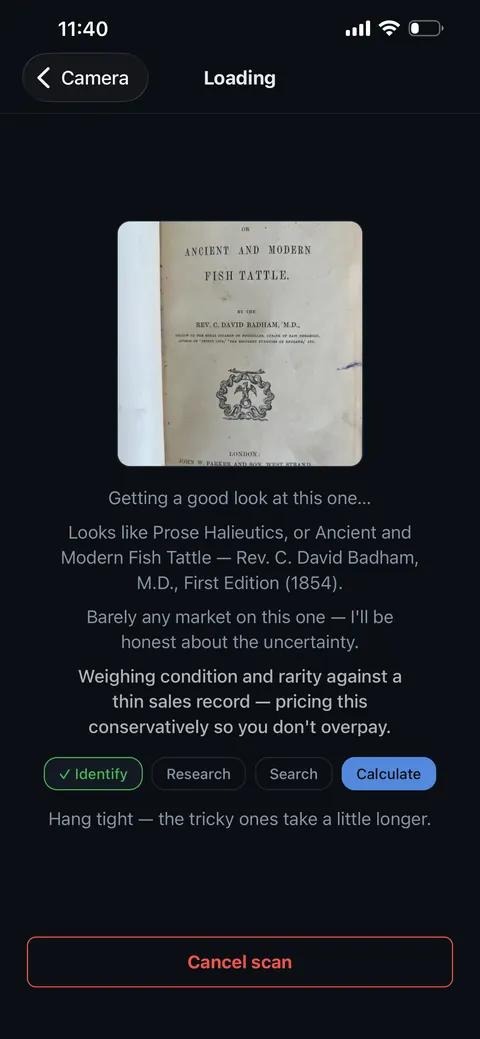 What's It Worth scanning an 1854 copy of Prose Halieutics, or Ancient and Modern Fish Tattle