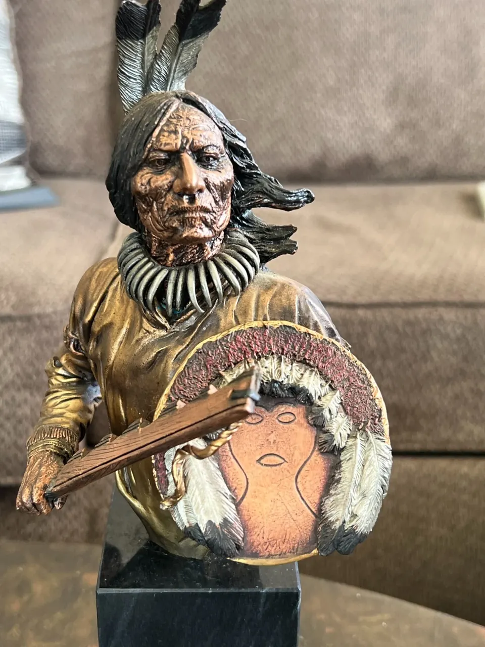 Legends Dog Soldier sculpture by Fool Bull, Sioux, 1992, on a base