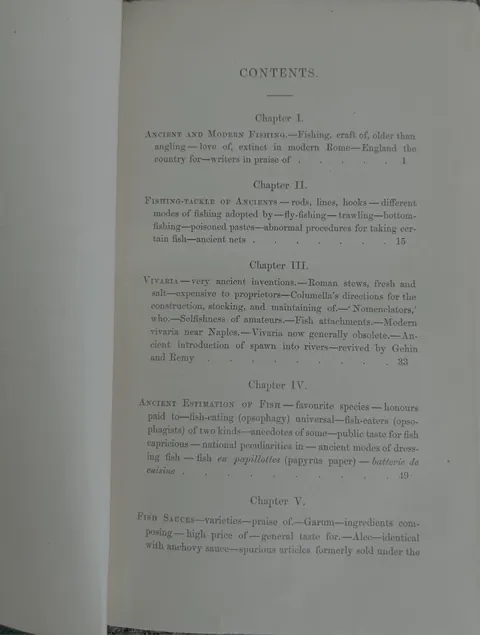 Contents page of Prose Halieutics listing chapters on ancient fishing, fish sauces, medicine, Naples and Mullomania