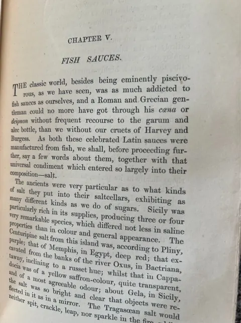 Page from Prose Halieutics discussing fish sauces including garum and allec
