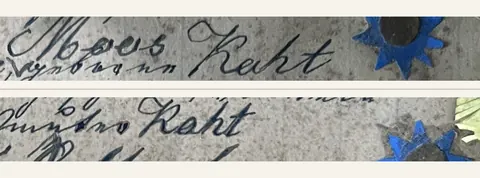 The same surname cropped from two places on the sheet and stacked for comparison, once in the address line and once in the signature