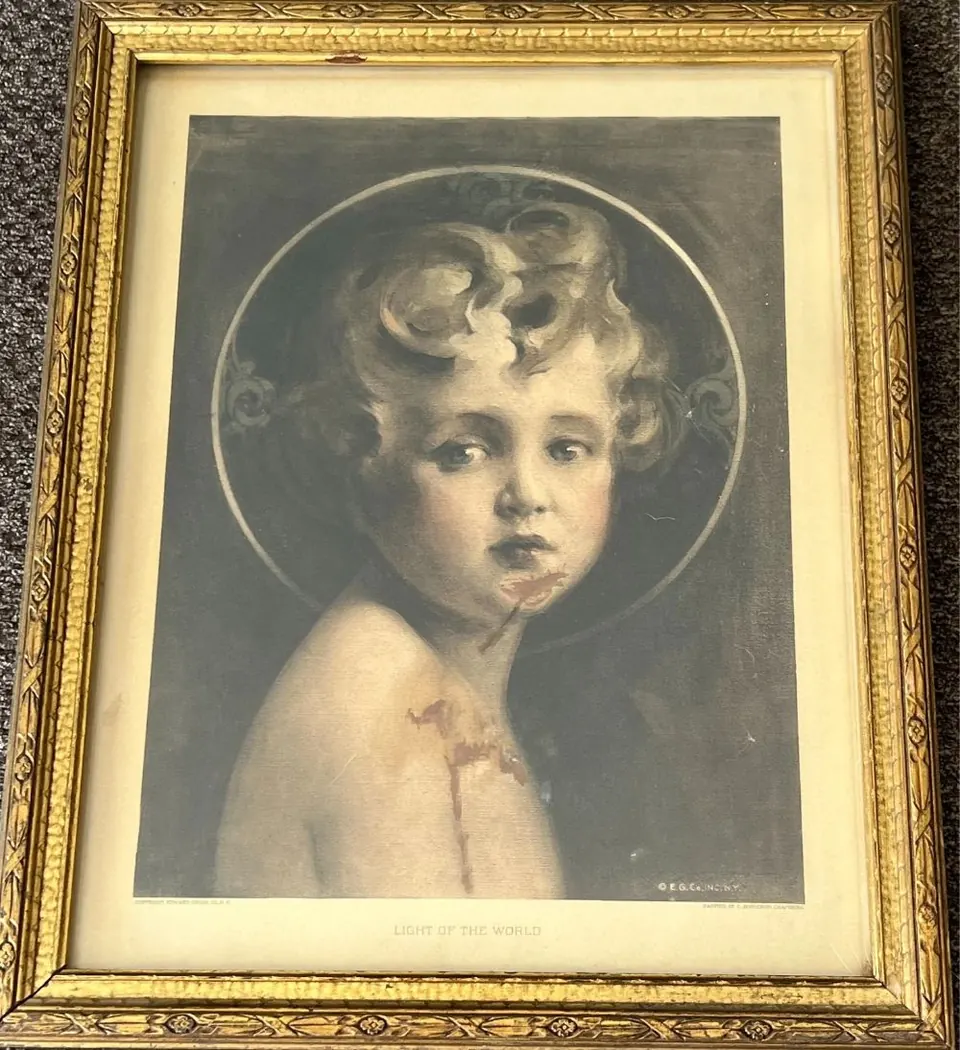 Framed vintage religious print, The Light of the World by C. Bosseron Chambers