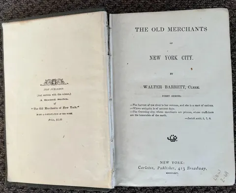 The title page reading The Old Merchants of New York City by Walter Barrett, Clerk, First Series, with a three line epigraph from Isaiah and the imprint Carleton, Publisher, 413 Broadway, MDCCCLXIV