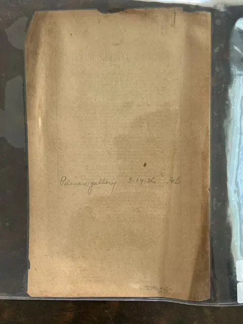 Back of the Napoleon's Farewell to Paris song sheet with handwriting reading Pelican gallery, 3-19-36, and a price or note