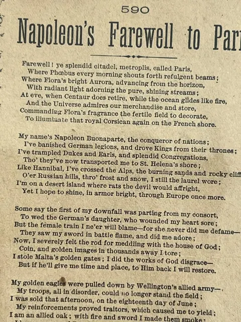 Close view of the Napoleon's Farewell to Paris song sheet showing the title, number 590, and opening printed stanzas