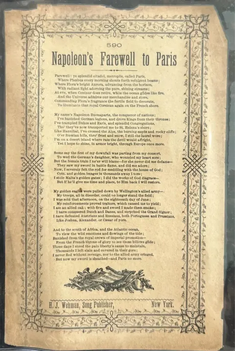 Antique H.J. Wehman song sheet titled Napoleon's Farewell to Paris, number 590, with a decorative border and printed text