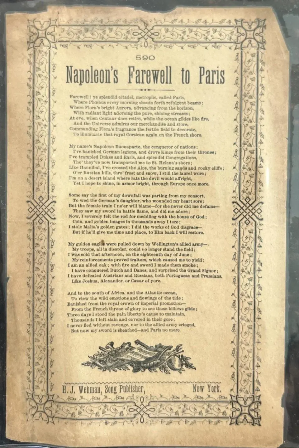 Antique printed song sheet, Napoleon's Farewell to Paris, published by H.J. Wehman, New York