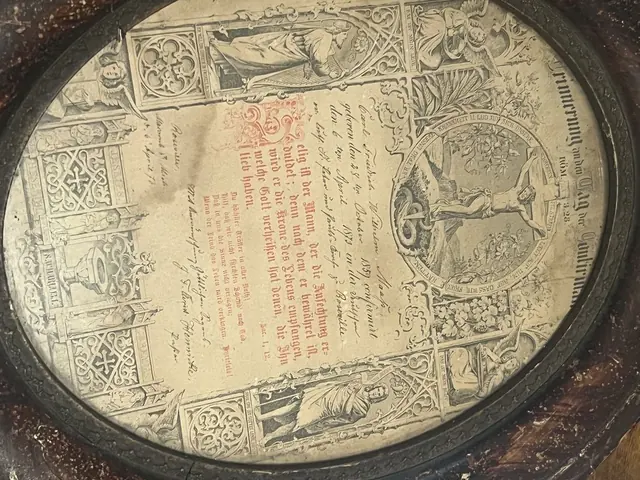 An oval-framed German Lutheran confirmation certificate, lithographed with hand-written details in ink